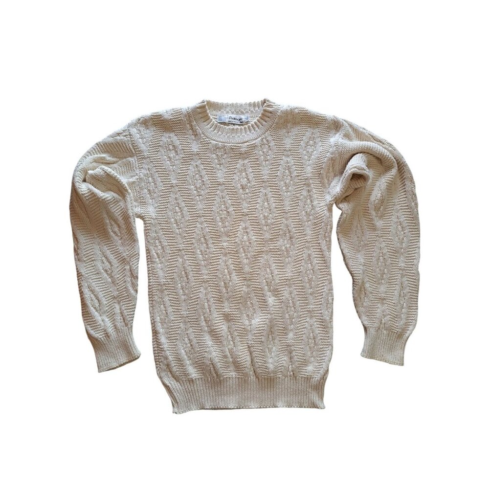 Vtg Protege Men's L Tall Cable Knit Sweater L 100% Cotton Crewneck USA Fisherman